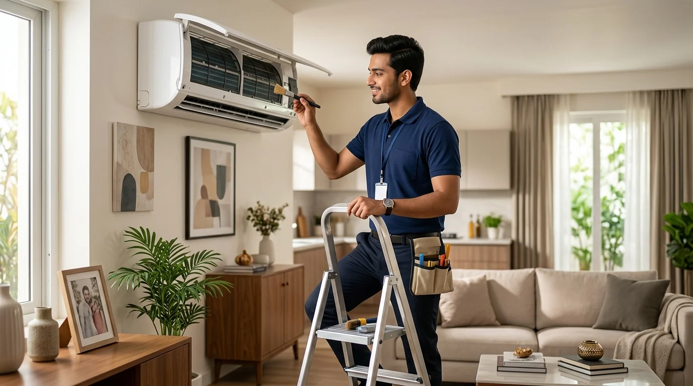 Professional appliance technician servicing split AC in an Erode home