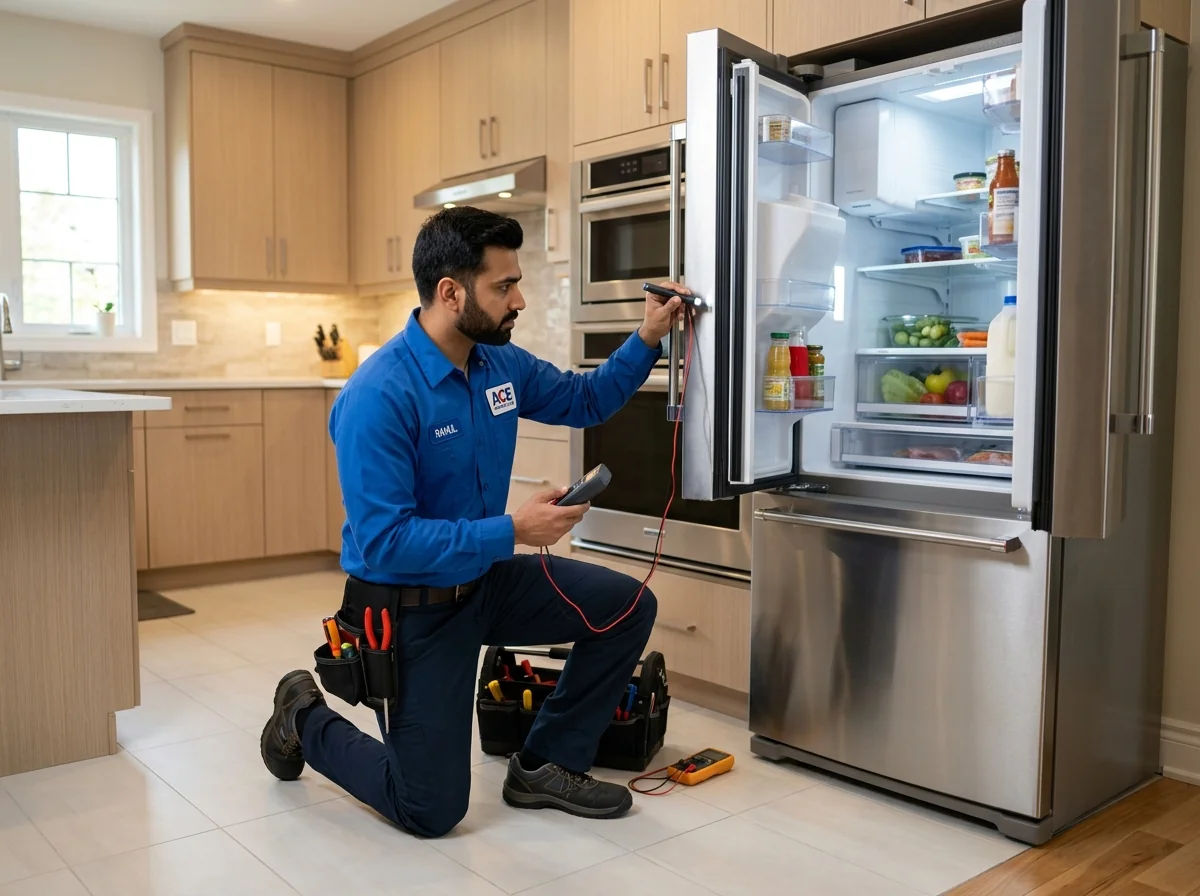 Technician inspecting refrigerator in a residential kitchen in Erode